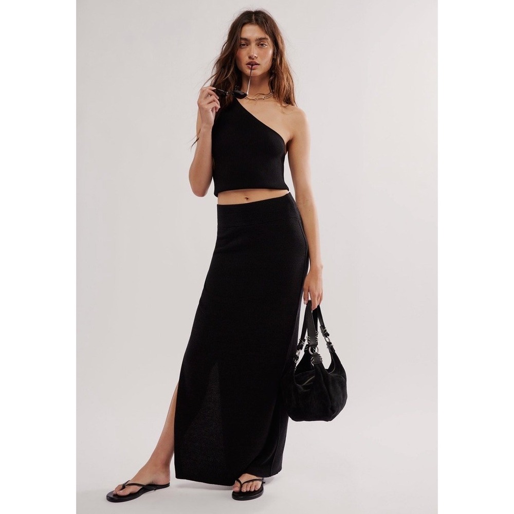 Free People Golden Hour Maxi Skirt Womens Size XL Black Ribbed Knit Stretch